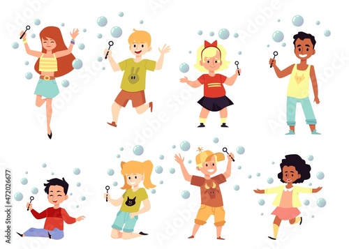 Happy funny kids playing with soap bubbles in summer. Set of vector flat cartoon character illustrations isolated on white background.