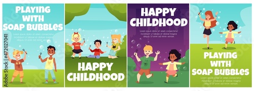 Set of banners or cards with happy cheerful children flat vector illustration.