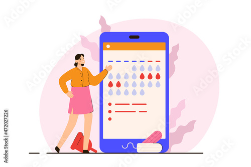 Happy woman at period calendar on the phone with tampons and cup. Menstrual cycle schedule. PMS and ovulation online checking concept. Modern flat vector illustration