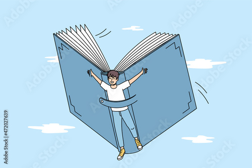 Smiling boy child flying on book explore new world reading literature. Happy kid discover horizons with fairytales or novels. Booklover, education and self-development concept. Vector illustration. 