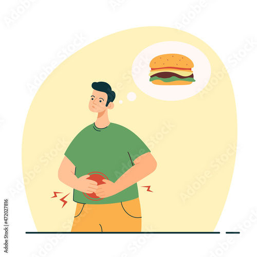 Man suffering from stomach pain caused by unhealthy food. Junk food, diet and nutrition concept. Modern flat vector illustration