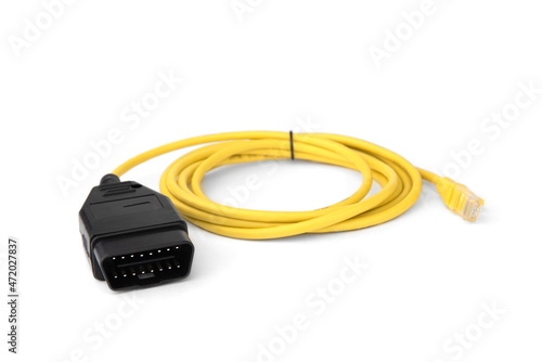 Car diagnostic OBD2 scanner cable isolated on white background. photo