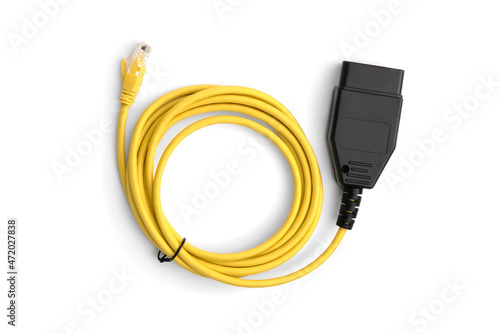 Car diagnostic OBD2 scanner cable isolated on white background.