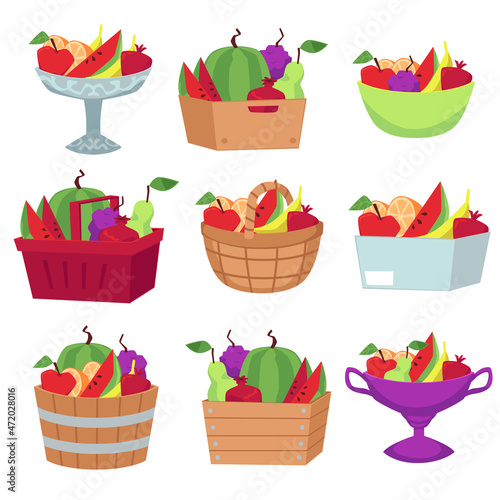 Set of baskets, vases and boxes with harvest fresh fruits for healthy nutrition.