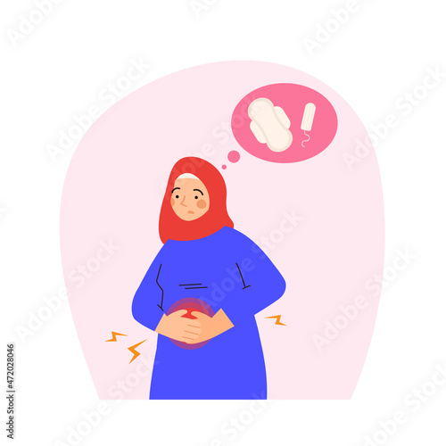 Muslim woman suffering from menstrual pain. PMS, cramps, ovulation and gynecology problems concept. Modern flat vector illustration