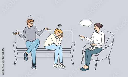 Counselor specialist talk speak with couple having fight or argument. Psychologist help give advice to unhappy spouses suffer from relation problem. Divorce, breakup. Vector illustration. 