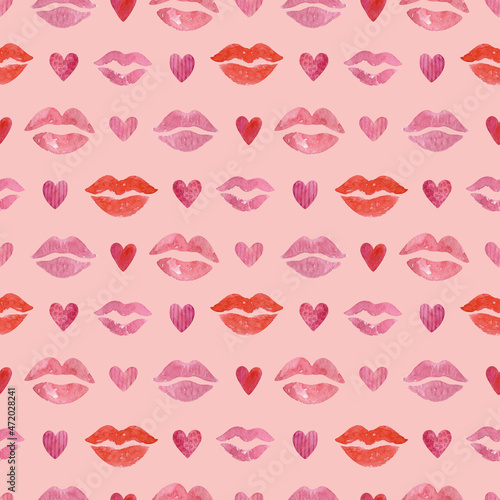 Quadro em tela Red lipstick kisses and tiny hearts on a pink background: seamless pattern