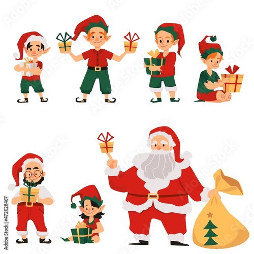 Set of cute christmas characters - santa claus and helpers elves with presents
