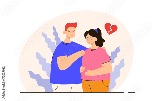 Sad young couple experiencing miscarriage. Unhappy male and female characters standing together. Infertility, miscarriage, baby lost concept. Modern flat vector illustration