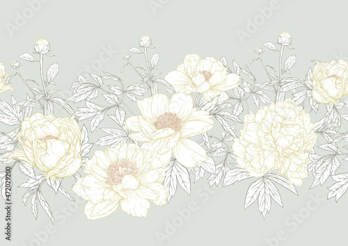 Peonies flowers. Seamless pattern, background. Colored vector illustration. In botanical style In soft orange and green colors.
