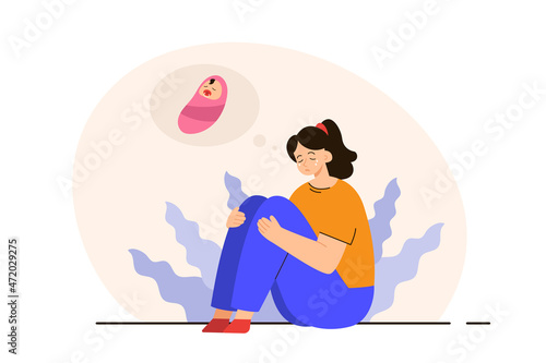 Sad young woman thinking about baby loss. Infertility and miscarriage concept. Modern flat vector illustration