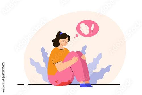 Sad young woman crying with blood stain on pants. PMS, cramps, ovulation and gynecology problems concept. Modern flat vector illustration