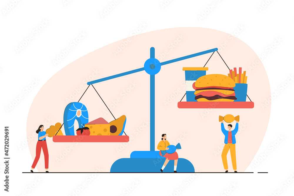 Tiny people weigh healthy and unhealthy products. Junk food, diet and nutrition concept. Modern flat vector illustration Tiny people weigh healthy and unhealthy products. Junk food, diet and nutrition concept. Modern flat vector illustration