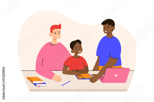 Two fathers helping son with a homework. LGBTQ multinational family. Learning, studying process at home. Education, homeschooling concept. Modern flat vector illustration
