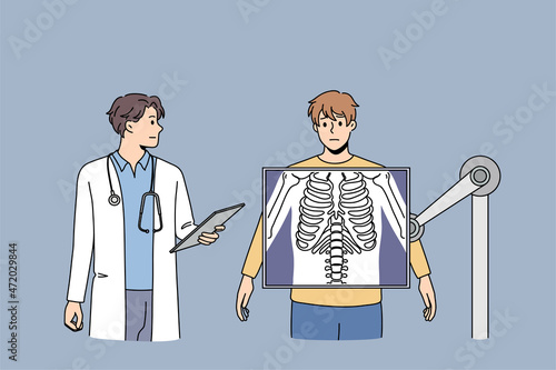Doctor examine unhealthy male patient standing on xray machine testing body. Man get organism checked on X ray in clinic or hospital. Medicine, healthcare concept. Flat vector illustration. 