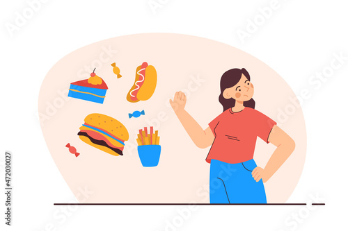 Woman rejecting junk food. Person deciding to eat healthy. Junk food, diet and nutrition concept. Modern flat vector illustration