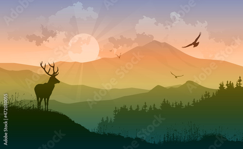 mountain landscape with a deer, vector illustration © kozerog2015