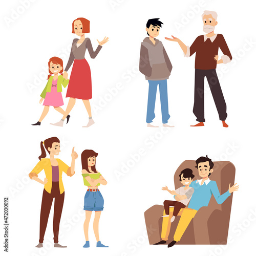 Set characters of parents and children talking each other in different situations