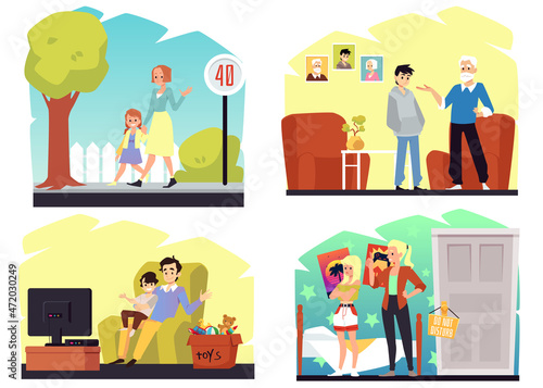 Parents talking with child in different situations - love or conflict in family.