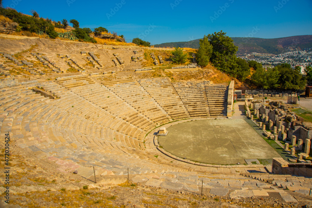 BODRUM, TURKEY: Landscape with a view of the ancient Amphitheater on a sunny day.