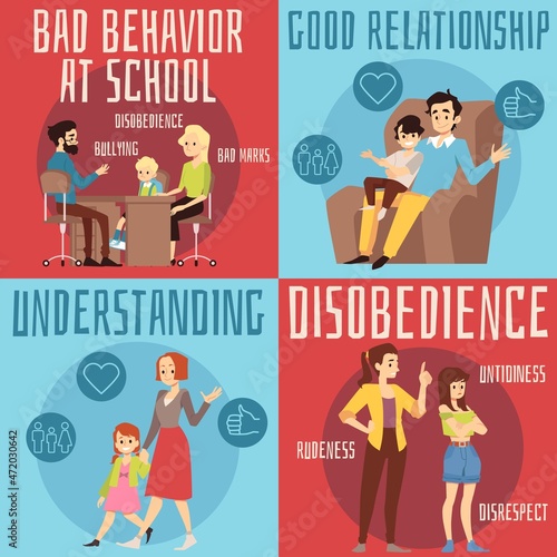 Posters with image of conflict and happy relationships between parent and child.