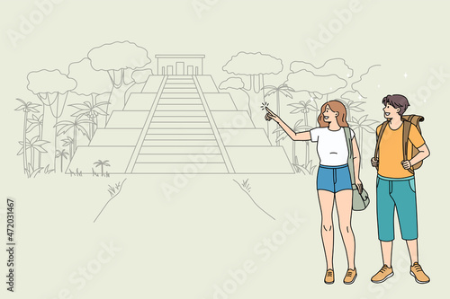 Happy couple tourists explore travel destination in tropical country. Smiling man and woman travelers discover landmarks or attractions on summer holiday or vacation. Tourism. Vector illustration. 