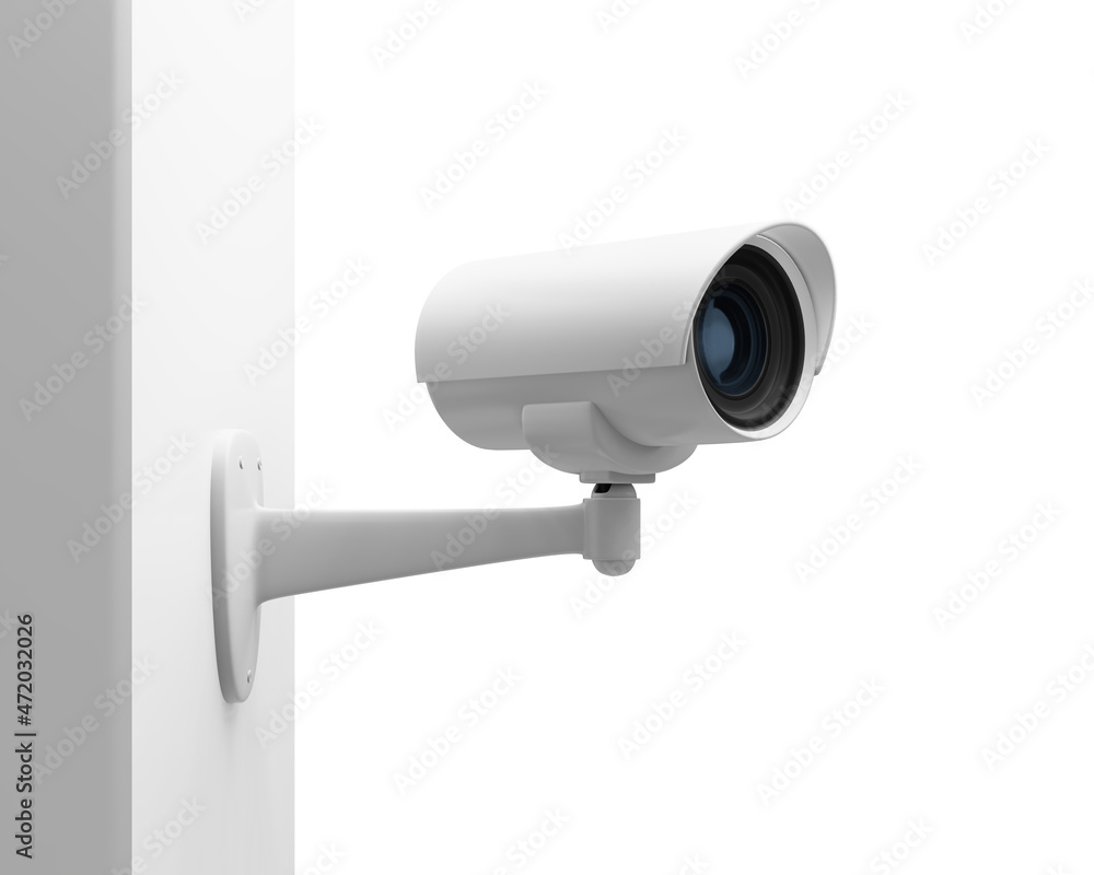 White CCTV security camera on the white wall, 3d rendering White CCTV security camera on the white wall, 3d rendering
