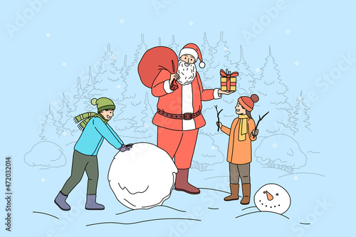 Smiling Santa Claus greeting children outdoor with New Year give presents. Happy father Christmas congratulate kids playing outside with gifts on winter holidays. Flat vector illustration. 