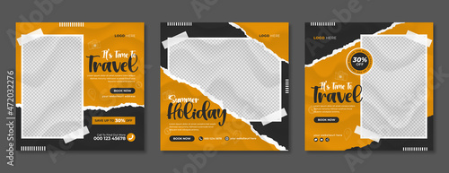 Travel sale business or summer holiday beach tour promotion social media post template design with abstract background, logo and icon. Travelling & tourism marketing web banner, poster & flyer.     