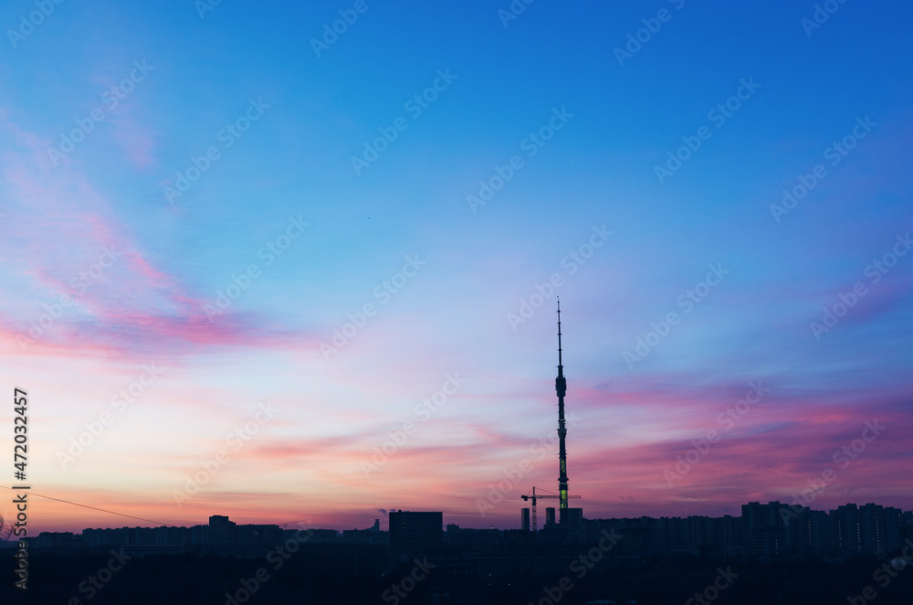 RUSSIA, MOSCOW: Scenic sunrise landscape view of the city garden with Ostankino tower