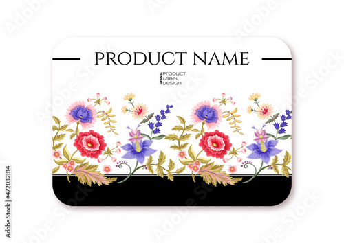Fantasy flowers in retro, vintage, jacobean embroidery style. Template for product label, cosmetic packaging. Easy to edit. Vector illustration. On white background.