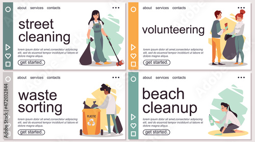Environmental volunteering and social charity banners, flat vector illustration.