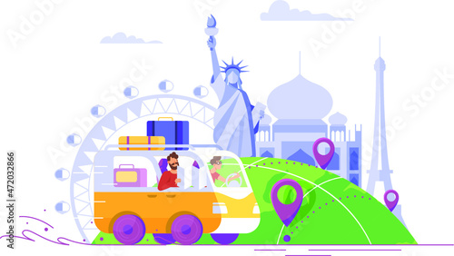 Flat Young Man Traveling By Car