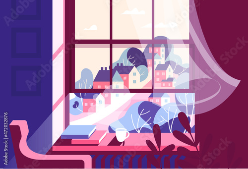 Window with Cup of Hot Drink and Books