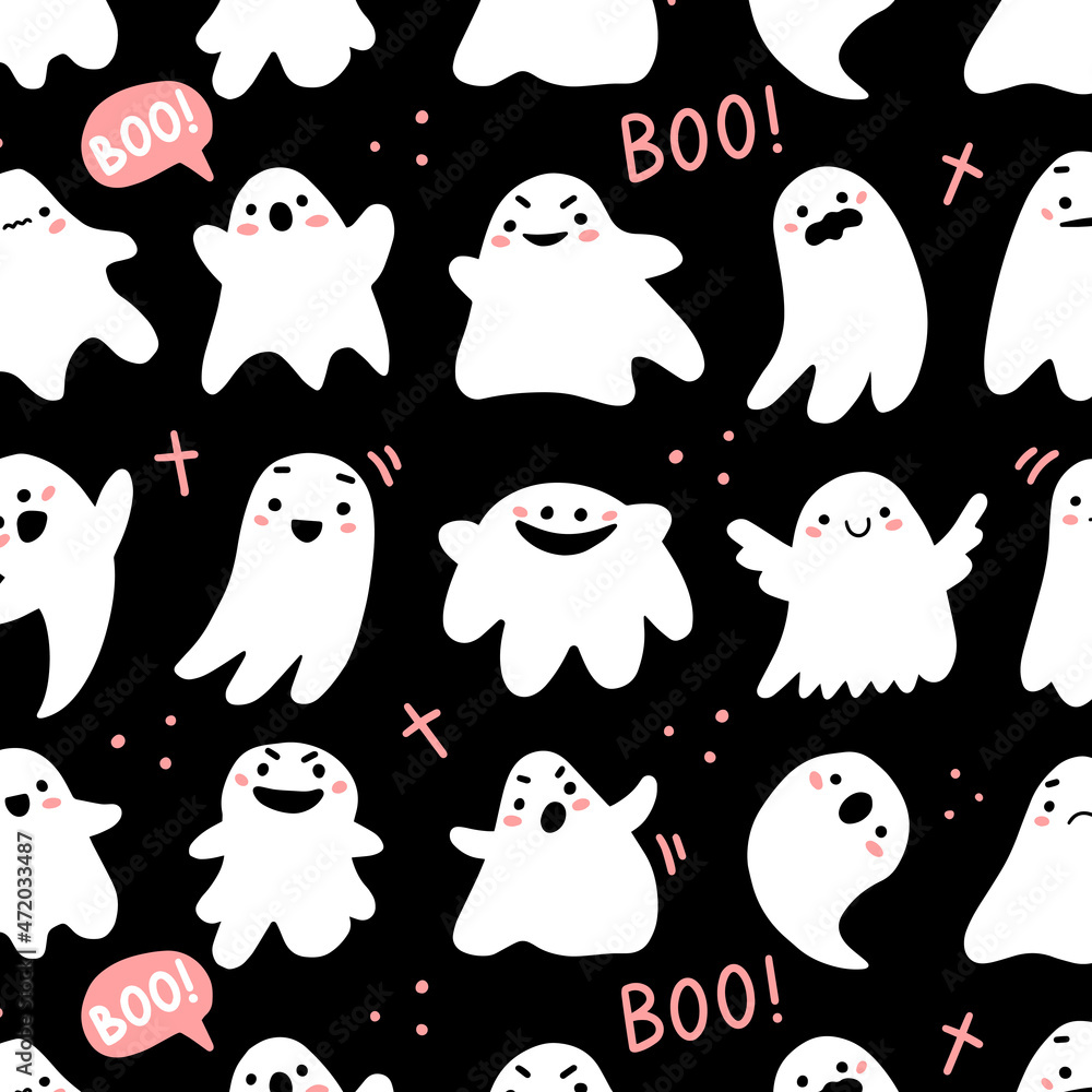 Pattern with cute ghosts and lettering in cute cartoon doodle style on a black background. Vector illustration background for halloween.