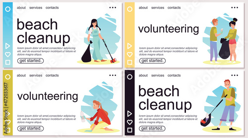 Beach cleanup and volunteering web banners set, flat vector illustration.