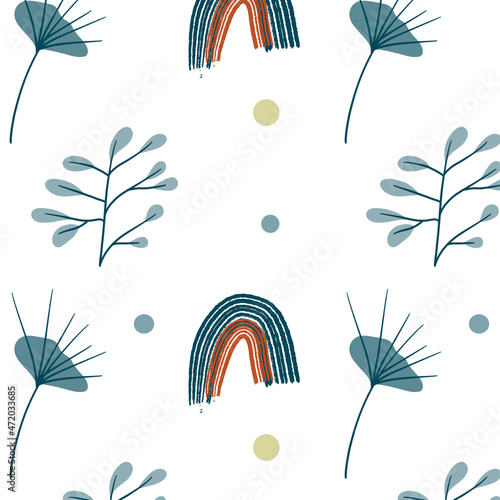 Seamless pattern set that includes flowers, rainbows, dolly houses, colorful dots, very simple plants.
Beautiful color scheme. 
