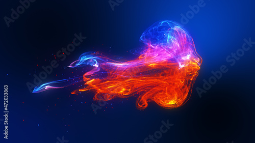 Futuristic jellyfish shape glow red blue colorful fluid particles wave flowing. 3D rendering de-focus abstract background