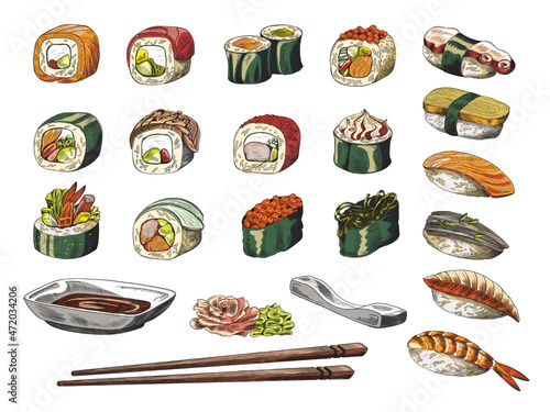 Vector set sushi and rolls, traditional japanese food from seafood and rice.