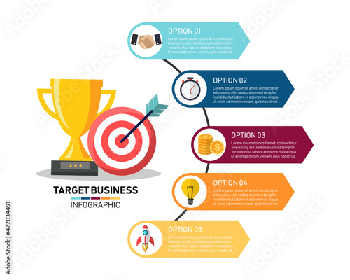 business success strategy target infographic.Finance economic creative. 5 options symbol.Golden trophy and goals.vector illustration in flat design style.can be used for workflow layout, diagram, web.