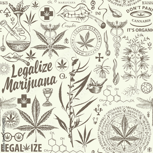 Vector seamless pattern on the theme of legalize marijuana. Monochrome repeatable background with hemp leaves, cannabis plants, smoking mouths, other sketches and inscriptions on a light backdrop