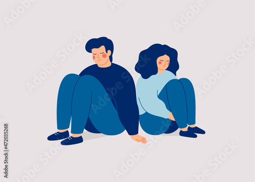 Sad man and woman sit back to back and no speak. Couple on the brink of divorce. Friends quarrel and misunderstand. Relationship break up and family crisis concept. Vector illustration