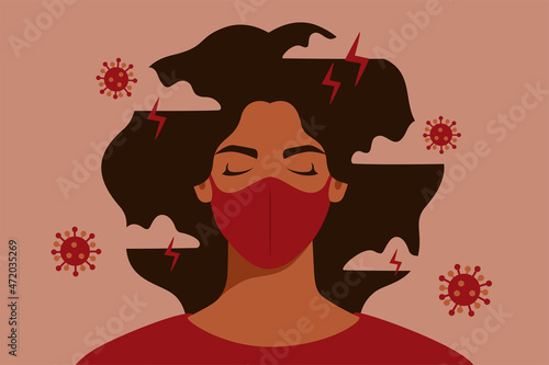 African American woman feels anxiety and emotional stress. Depressed black girl with gloomy thoughts surrounded virus breathes through a protective mask. Mental health problems in pandemic.Vector