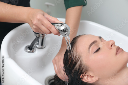 Professional hairdresser washing client's hair at sink indoors, closeup