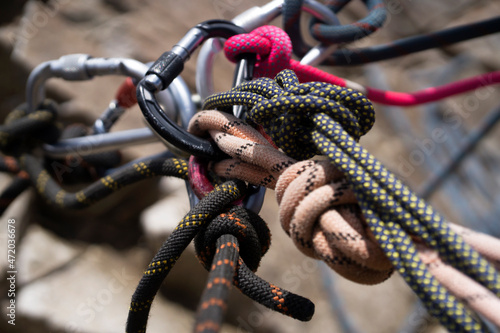 Carabiners and ropes in the mountains.