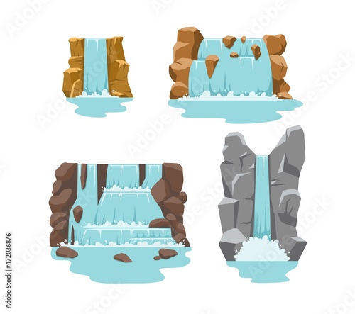 A set of river waterfalls, water streams falling from rocks between stones.