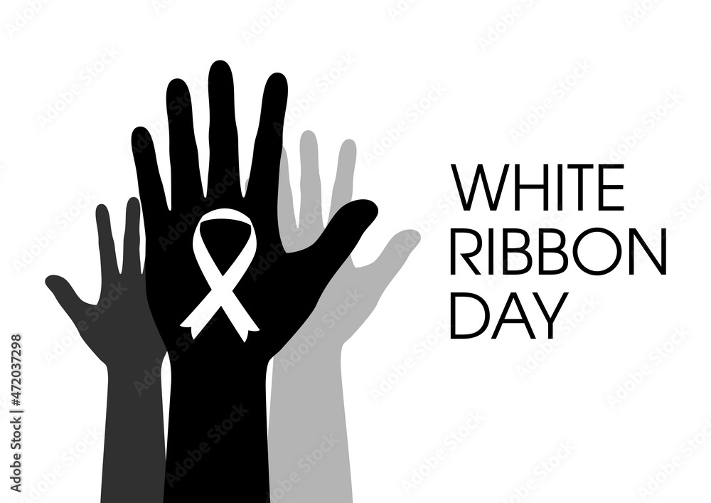 Obraz premium White Ribbon Day Poster with violence awareness symbol vector. Human hands up silhouette icon. White ribbon to signify opposition to violence against women vector. Important day