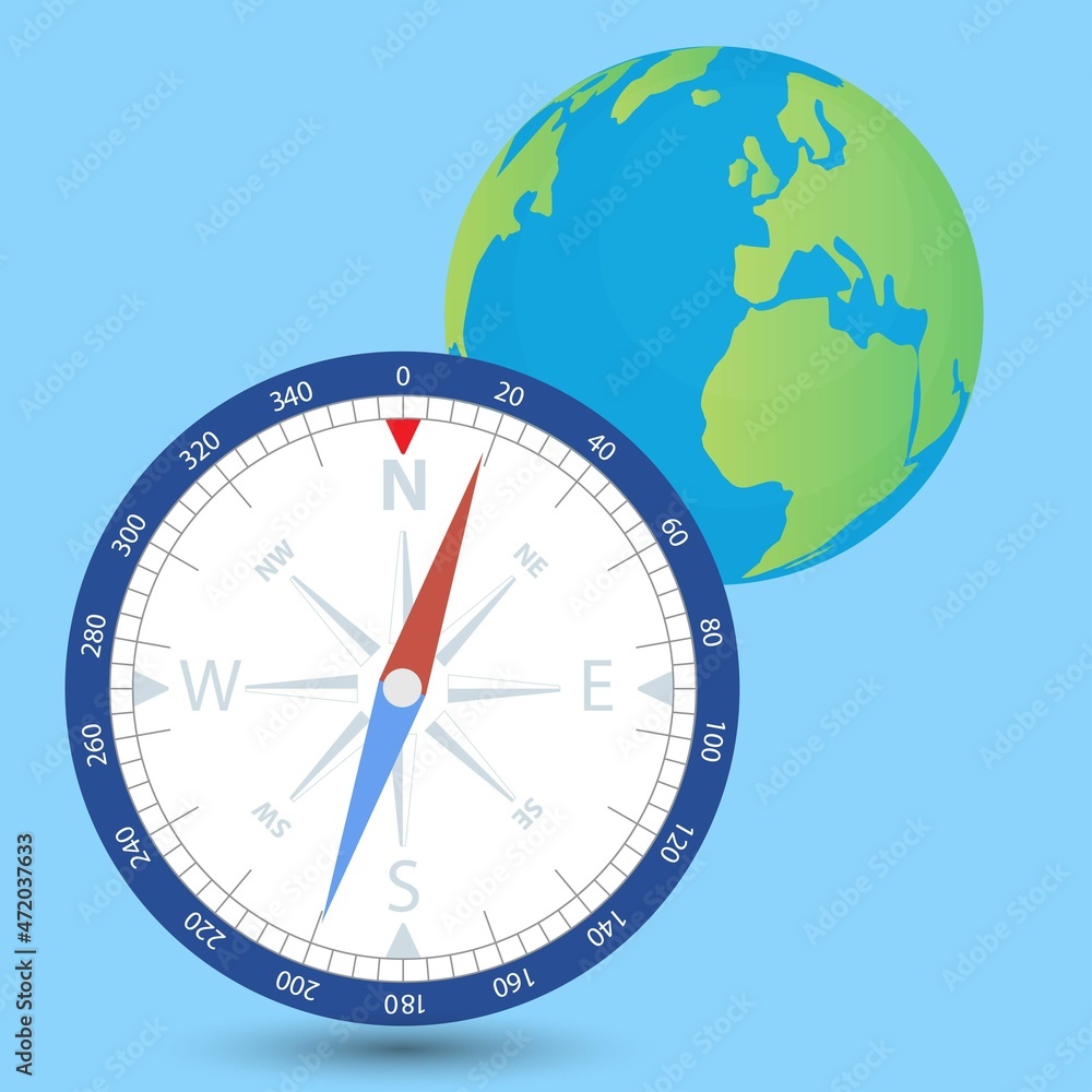 Compass near earth globe on blue background