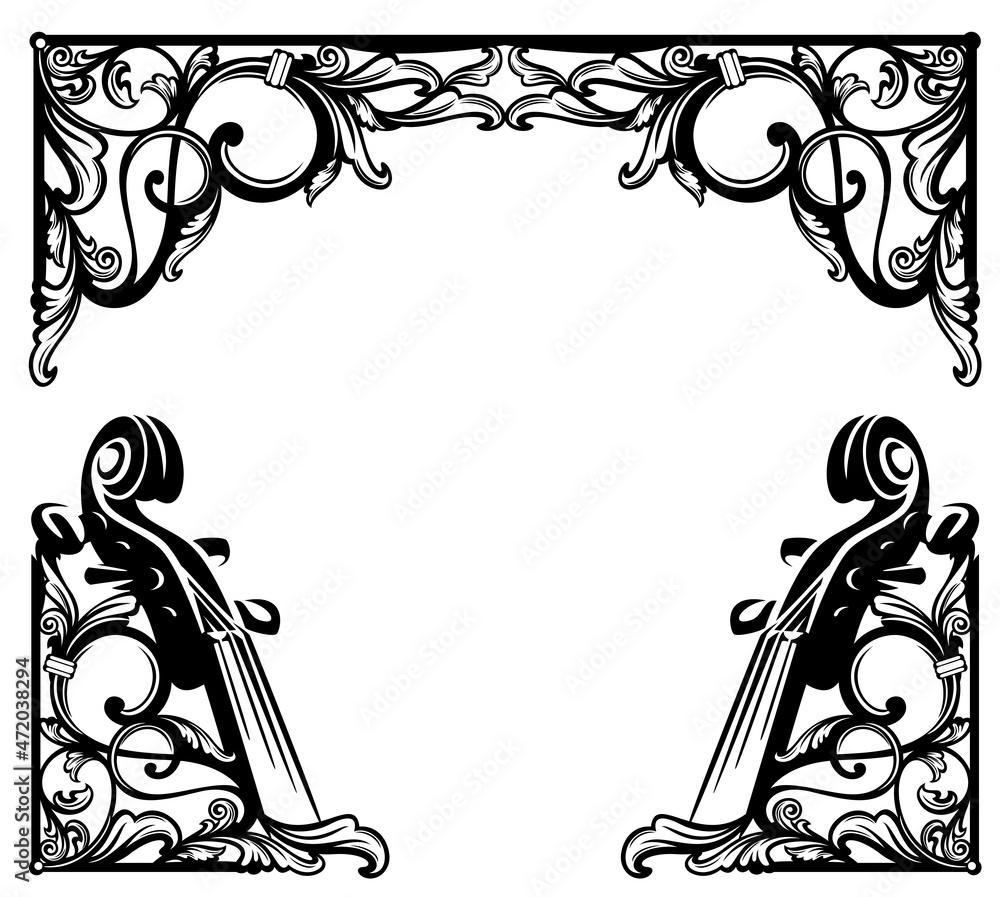 antique style calligraphic floral ornament forming copy space frame for  classical music design - black and white vintage vector decorative  background with page border and corners decorated with violi Stock Vector