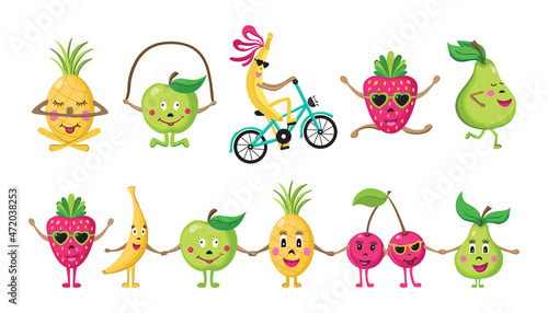 Collection of painted cartoon fruits doing sports